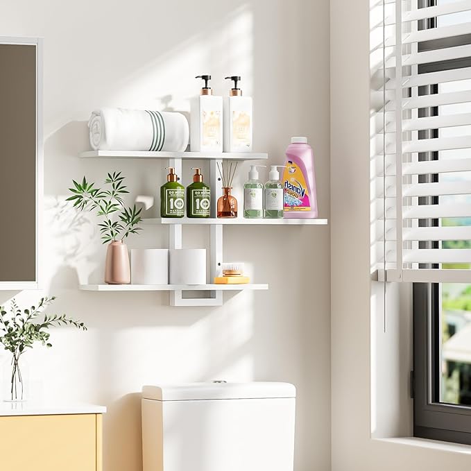 Homode Floating Shelves, Set of 3 Wooden Hanging Shelves for Bathroom and Bedroom Storage, Decorative Wall-Mounted Display Shelf for Plants, Books, Pictures, White