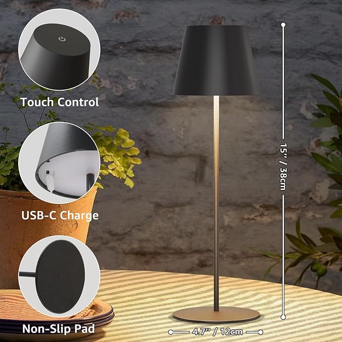 uuffoo 2 Pack Cordless Rechargeable Table Lamps, 5200mAh Battery Powered Outdoor Table Lamps with 3 Colors Stepless Dimming, Desk Night Light for Restaurant, Patio, Bedroom, Bar (Black)