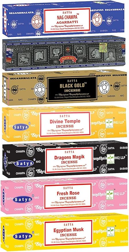 Satya Incense Sticks Gift Set, 7 Scents, Nag Champa, Super Hit, Dragon's Blood, Sandalwood, Patchouli, Lavender, Positive Vibes, 15g Each (Healing Mix)