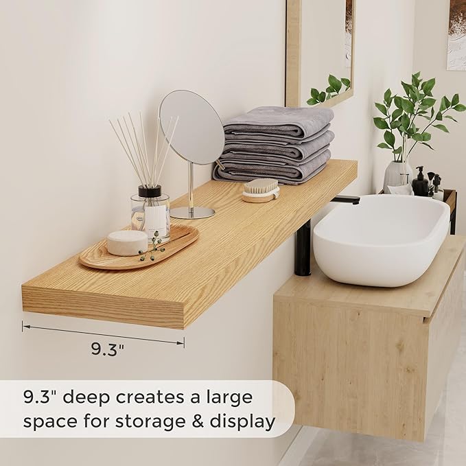 48"W x 9"D Floating Shelves Set of 2, 9.3 Inch Deep Floating Shelves Wall Mounted, Wide Wall Shelves Invisible Bracket, Deep Storage Shelves for Living Room, Bathroom, Kitchen, Oak Color