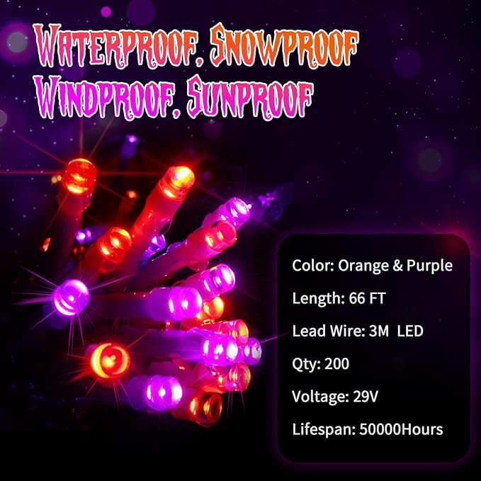 JXLEDAYY 66 FT 200 LED Halloween Lights Outdoor Decorations Waterproof Fairy String Lights Plug in with Remote Timer 8 Modes for Outside House Tree Bush Garden Yard Party Decor-Purple & Orange