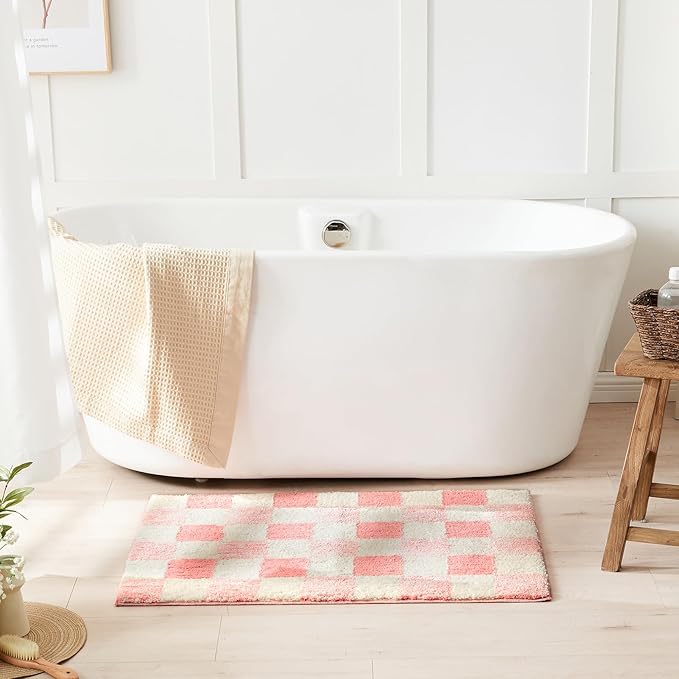 CozeCube Pink Checkered Bath mats Non Slip, Fluffy Absorbent Microfiber Runner Bath mat Washable, Aesthetic Bathroom Rugs, Long Bath mat for Bathroom Floor, 59"X24"