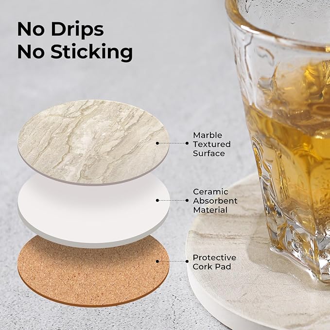 LIFVER Coasters Set of 6 Absorbent Drink Coasters with Holder, Marble Style Ceramic Thirstystone Coasters for Home Decor Coffee Table Protection, 4 Inches Suitable for Kinds of Cups Housewarming Gift