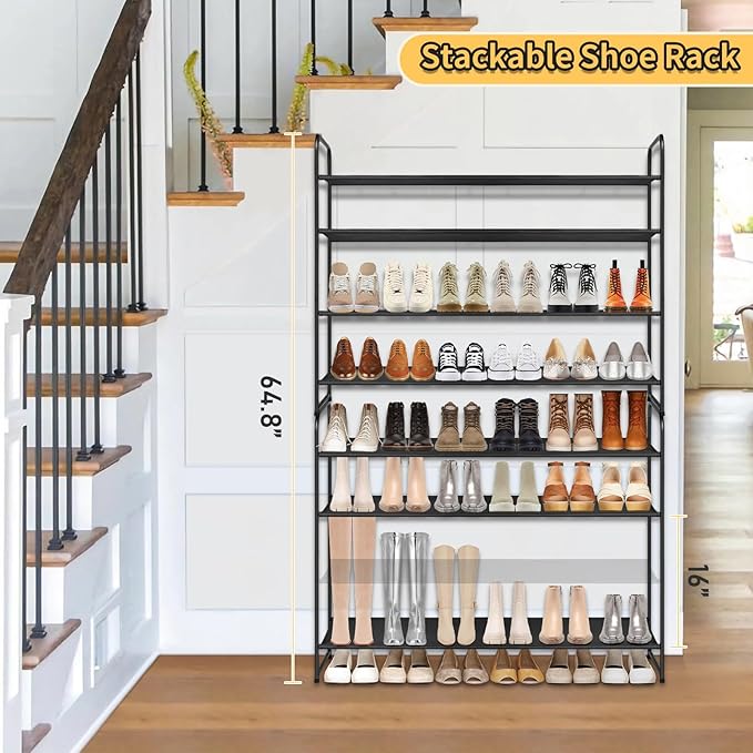 SLEEPING LAMB Long 4-Tier Shoe Organizer for Closet, Stackable Wide Shoe Rack Holds 30-Pairs Low Shoe Shelf Storage for Bedroom, Floor, Entryway(Black)