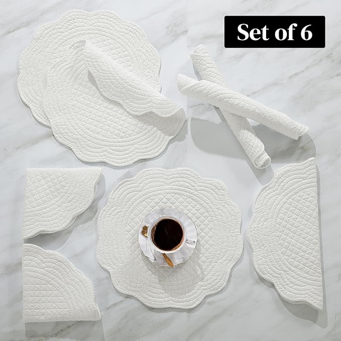HOMBYS Quilted Placemats Set of 6 Washable Round Placemats for Kitchen Table-100% Cotton Fabric 15 Inch Round Table Mats, Cotton Fabric with Microfiber Filling, (15"x15", Cream White)