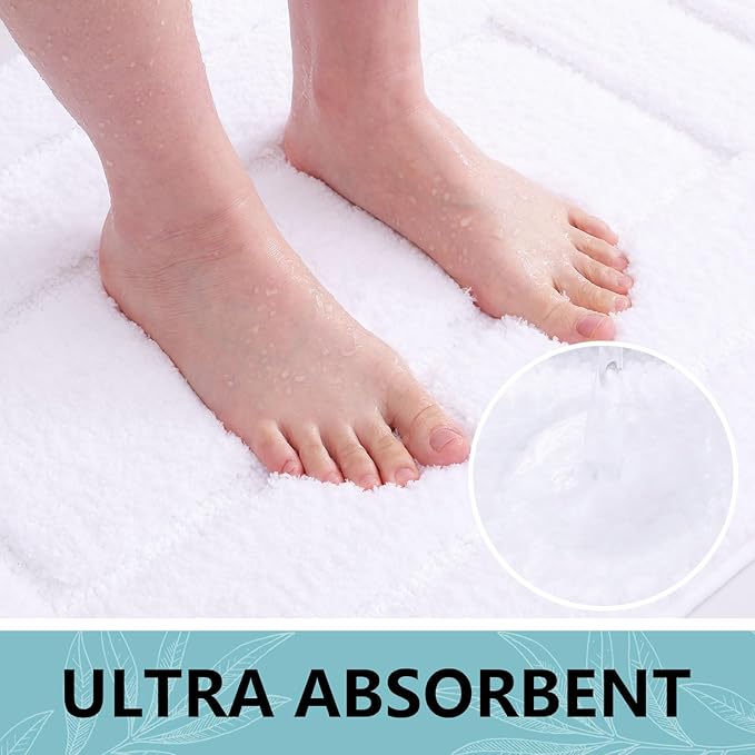 Buganda Bathroom Rugs, 30" x 20", Soft and Absorbent Microfiber Bath Rugs, Non-Slip Shaggy Shower Carpet, Machine Wash Dry Bath Mats for Bathroom Floor, Tub and Shower, White