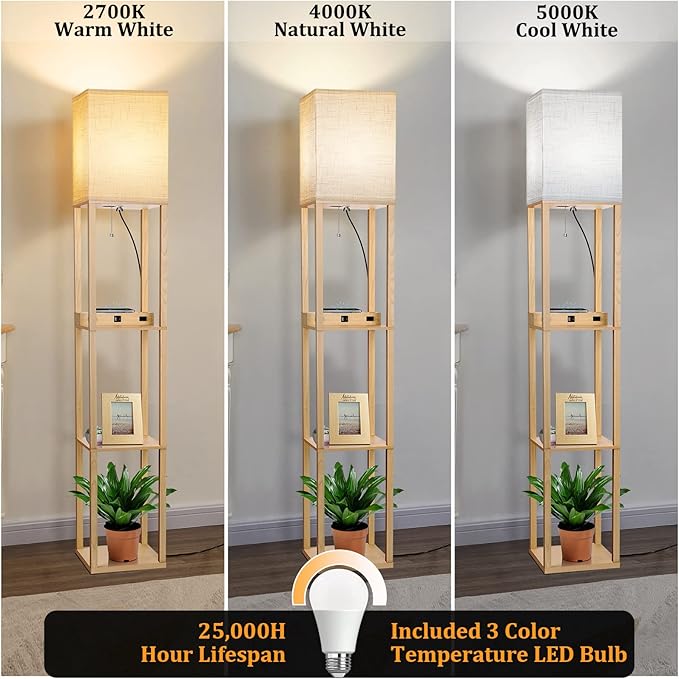 Dott Arts Floor Lamp with Shelves, Shelf Lamp with Wireless Charger & USB A+C Ports & 2 AC Outlets,3 Color Temperature Corner Tall Standing Floor Lamps for Living Room, Bedroom, Office (Burlywood)
