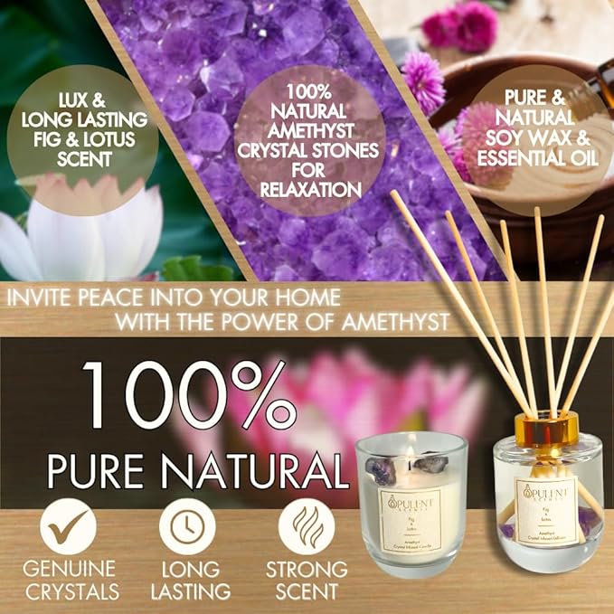 Crystal Candle & Diffuser Set with Amethyst – Fig & Lotus Aroma by Opulent Scents | 100% Natural Soy Wax & Oils | Relaxation & Serenity Gift for Home