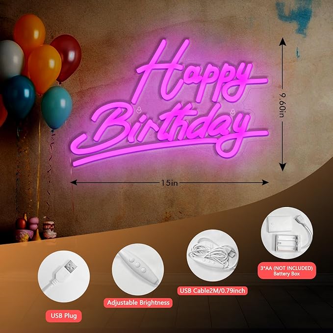 Pink Happy Birthday Neon Sign Battery Operated, Usb Powered Neon Signs for Wall Decor, Adjustable Brightness Happy Birthday Signs(15 x 9.6 inches)