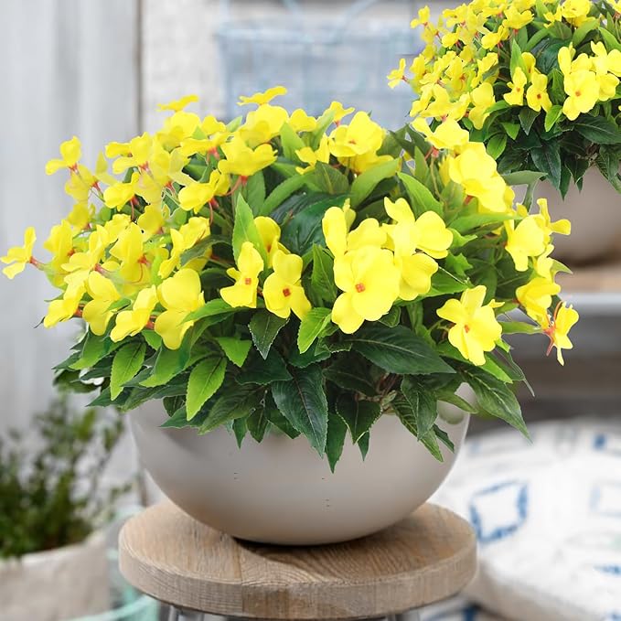 4 Pcs Artificial Flowers Outdoor Impatiens UV Resistant Silk Impatiens Flowers Yellow Faux Flowers Impatiens Bushes Artificial Impatiens for Pot Patio Lawn Garden Hanging Basket Porch Decor