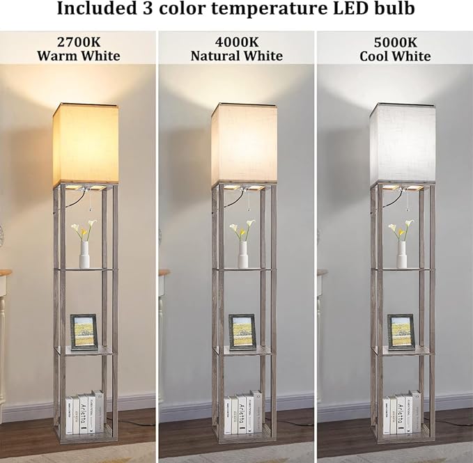 Floor Lamp with Shelves,Wood Corner Floor Lamps for living room tables with 3 CCT LED Bulb,Modern Display Bookshelf Nightstand Lamps,Column Standing Lamp for Bedroom Office Home Decor-Rustic Wood