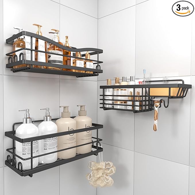 Shower Caddy, 3 Pack Large Capacity Bathroom Organizers and Storage, No Drilling Adhesive Rustproof Shelves with Soap Holder, Home Decor, Black