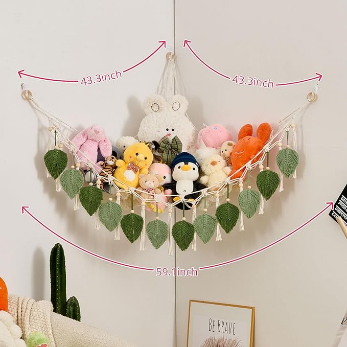 Pretty Jolly Macrame Leaf Wall Hanging Storage Hammock, 59" Boho Corner Organizer with Tassels, Stuffed Animal Plush Holder for Kids Room Nursery Decor (Avocado Green & Sage Green)