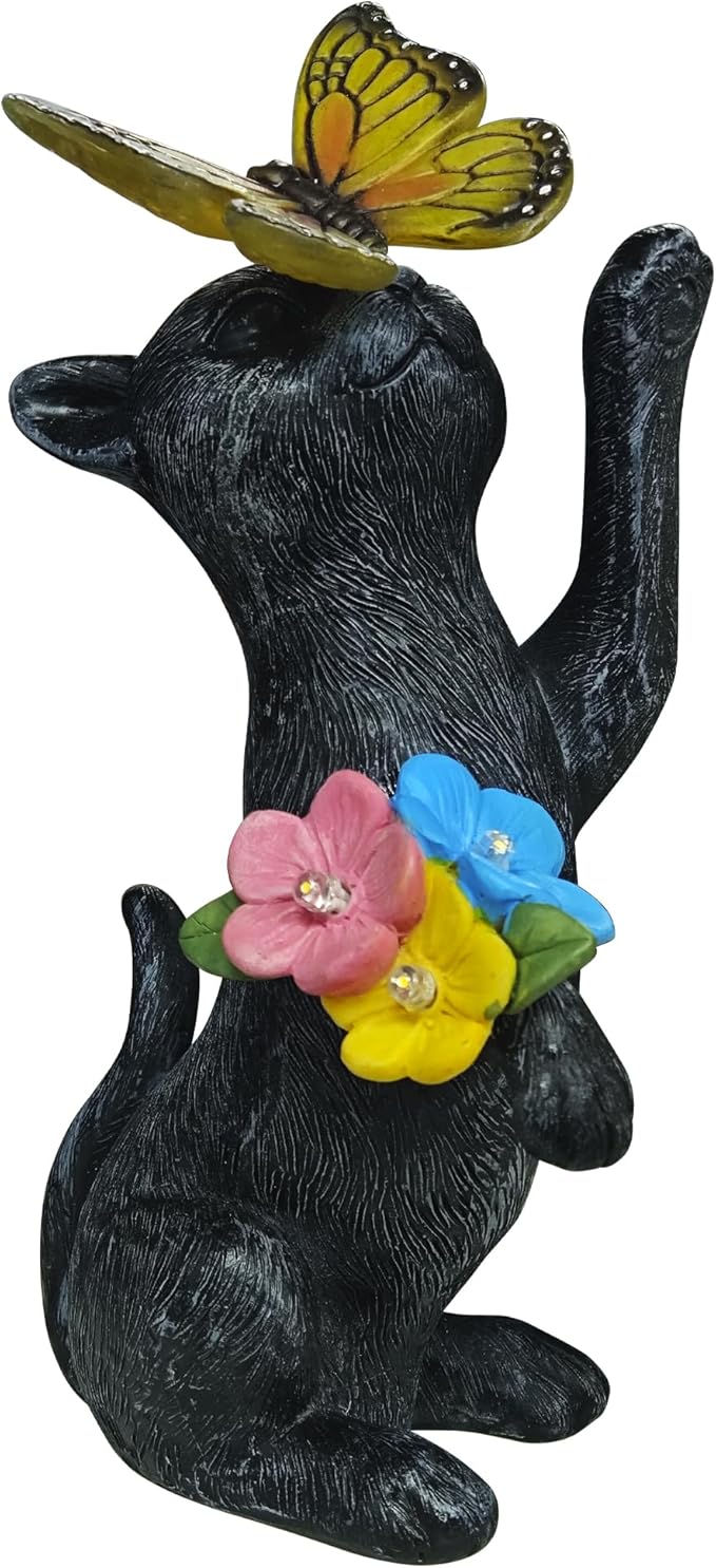 Solar Cat Garden Decoration Outdoor Statues - Cat with Butterfly Flowers Decorative Figurine for Yard Patio Lawn Porch Pathway Landscape Ornament Funny Birthday Gift for Mom Women
