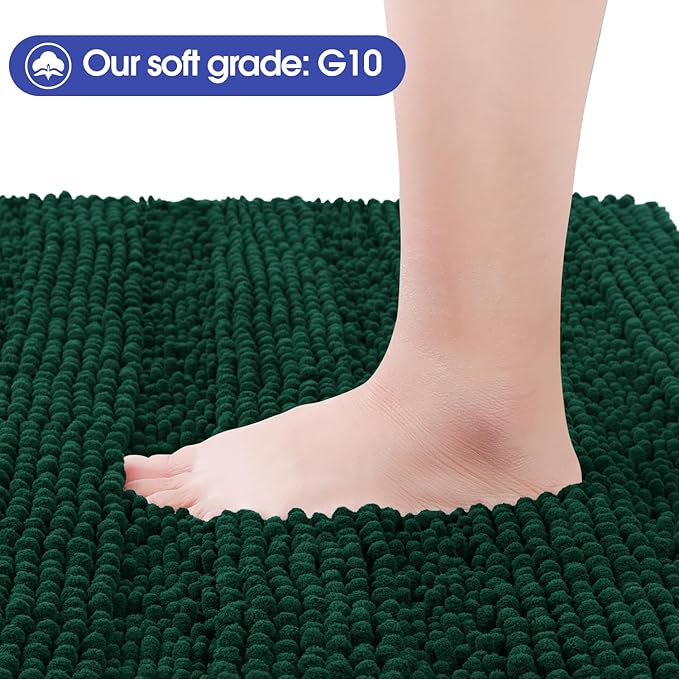 Striped Deep Green Bathroom Rug Set 3 Pieces Ultra Soft, Non Slip Chenille Bath Carpet, Absorbent Plush Shaggy Bath Mats for Bathroom, Toilet, Bedroom, Kitchen