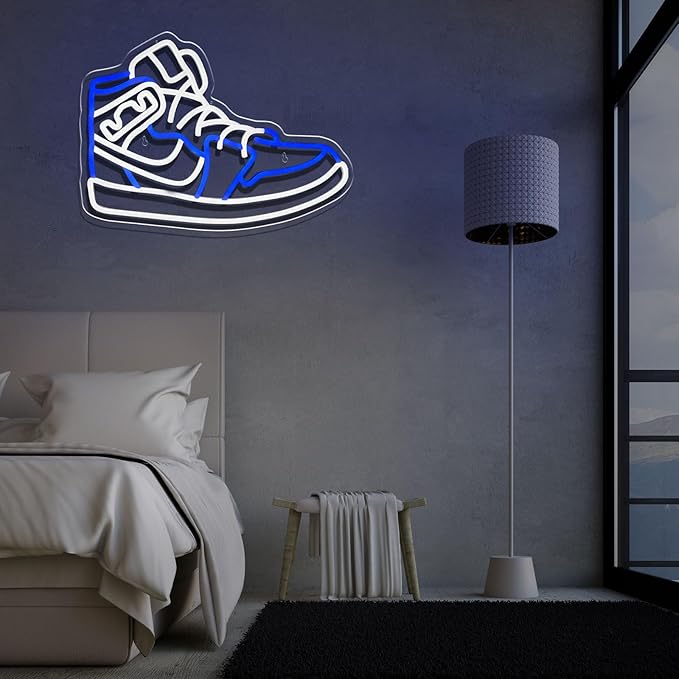 Sneaker Neon Sign for Wall Decor Dimmable Blue and White Shoe LED Lights Cool Room Decor for Boys Game Room Teen Bedroom Home Neon Sign Sneakerhead Shoe Gifts