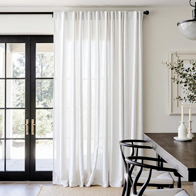 jinchan Linen Blend Curtain 96 inch Length 1 Panel for Sliding Door, Light Filtering 100 inch Extra Wide Farmhouse Drape with Rod Pocket Back Tab(100W x 96L, Off White)