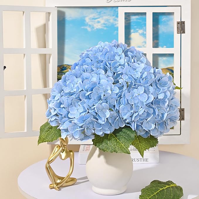 MARTINE MALL 4Pcs 21in Hydrangea Artificial Flowers, Latex Real Touch Hydrangeas Lifelike Large Hydrangea Flowers for Home Decor Party Arrangements Wedding Bouquets Centerpieces (Blue)