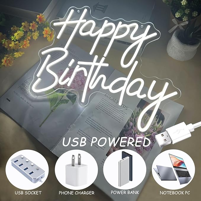 Happy Birthday Neon Sign for Wall Decor, White LED Neon Light Signs, Dimmable Art Decoration Happy Birthday Neon Light Sign for All Birthday Party Decoration 15.7×13 Inch