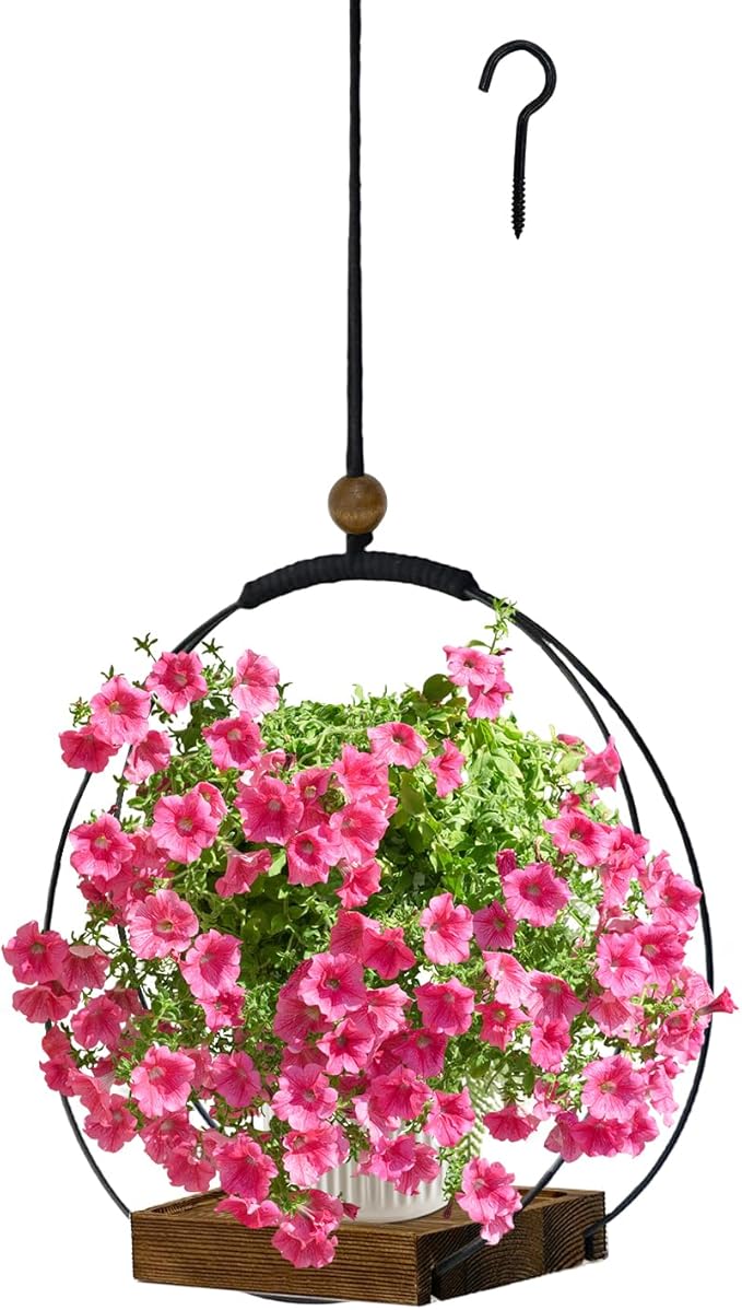Hanging Planter for Indoor Plants, Black Plant Hanger Indoor with Sturdy Wood Base, Modern Boho Macrame Plant Hanger, Hanging Wall Ceiling Window Home Decor (Plants/Pots Not Included)