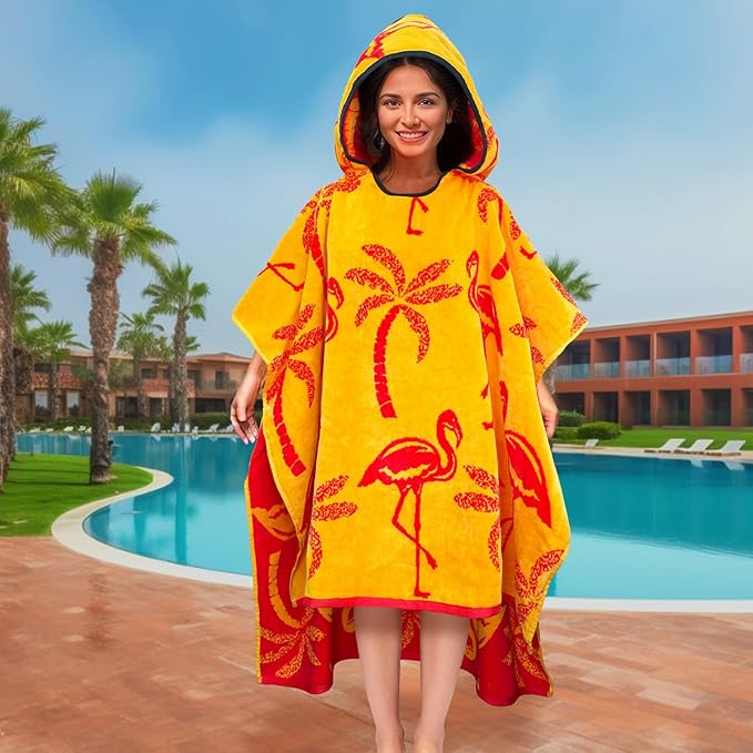 VOOVA & MOVAS Poncho Towel Adult (14Years Up)-Flamingo, Large Thick Absorbent Cotton Wearable Bath Towels for Big Girl, Pool Towels for Women, Adult Hooded Towel for Bathroom, Pool Use