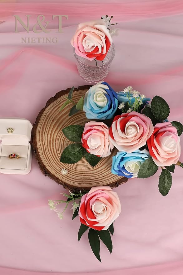 N&T NIETING Artificial Flowers Roses, 25Pcs Whimsical Blue Fake Foam Roses with Stems for DIY Wedding Bouquets Baby Shower Centerpieces Floral Arrangements Party Home Decor