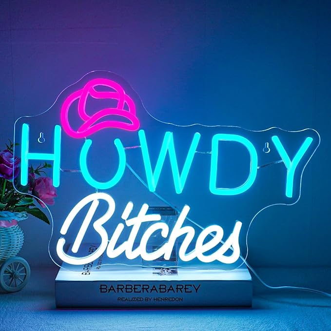 NEONLOVE Howdy Neon Sign Blue White Neons Sign for Wall Decor Cowboy Hat Neon Lights Sign with USB Dimmable Neon Light Up Sign for Bedroom College Dorm Single Party Bar Country Girls Living Room