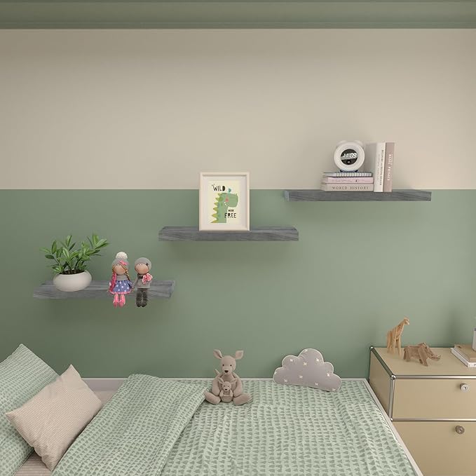 Floating Shelves 24 Inch Wall Shelf Solid Wood Mounted Storage for Bedroom Living Room Set of 2, Rustic Grey Wall Shelves
