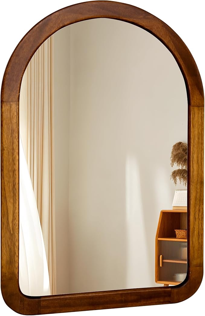 Arched Mirror 22 x 30 Inch,Brown Wood Rustic Bathroom Tempered Wall Mirror with Wood Frame,Round Corner Arch Farmhouse Wooden Vanity Mirror for Living Room,Entryway or Bedroom(Walnut Brown)