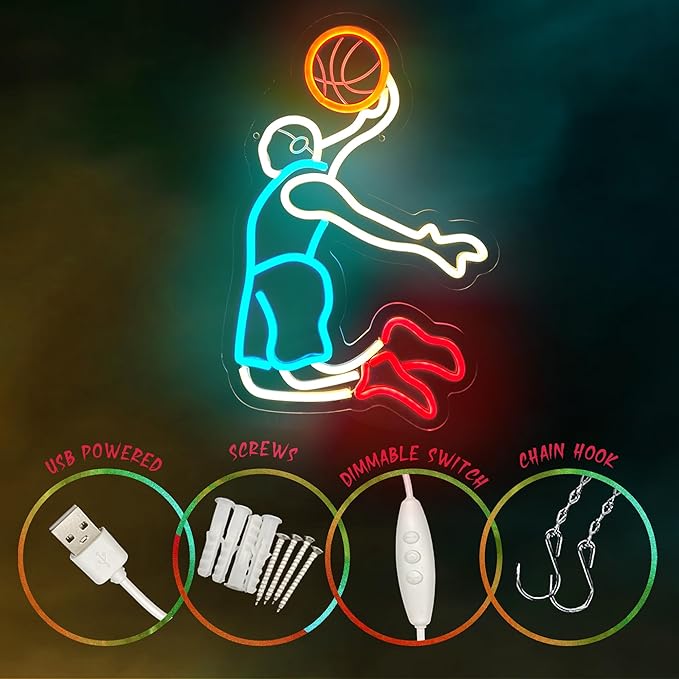 Basketball Player Neon Sign for Wall Decor,Sports LED Neon Light Sign with Dimmable for Game Room Bedroom Basketball Decor Birthday Gift for Kids Boy