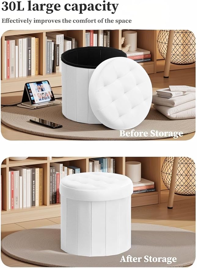 Bsketa® Ottoman with Storage, Foot Rest Stool with Thicker Foam Padded Seat Leather Small Round 14“ x 14” x 13 "Inchs Storage Ottoman Bench for Living Room Foldable Pouf Coffee Table 2 Pack,White