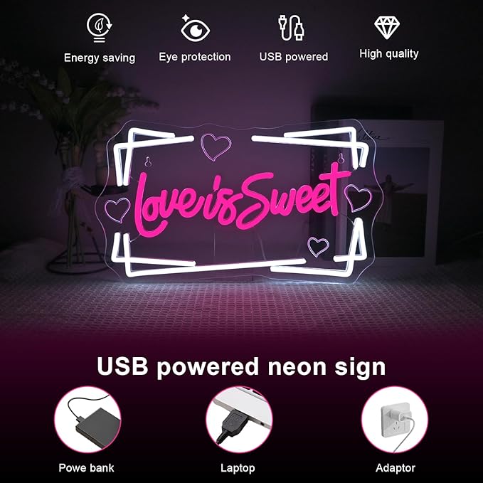 Lucunstar Love is Sweet Neon Sign,Led Light Sign for Wedding Decor Bridal Shower,USB Connectivity Led Sign with Dimming Switch for Home Wall Decor,Girls Decor,Party Room