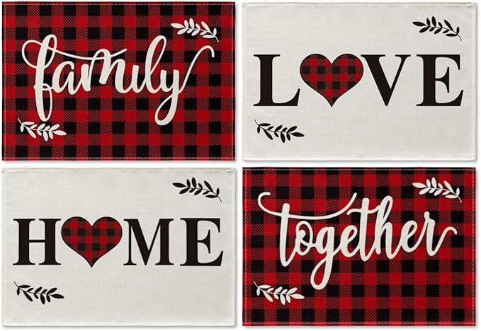 Artoid Mode Placemats for Dining Table Red Buffalo Plaid Love Home Family Together, 12 x 18 Inch Winter Holiday Washable Table Mat Set of 4
