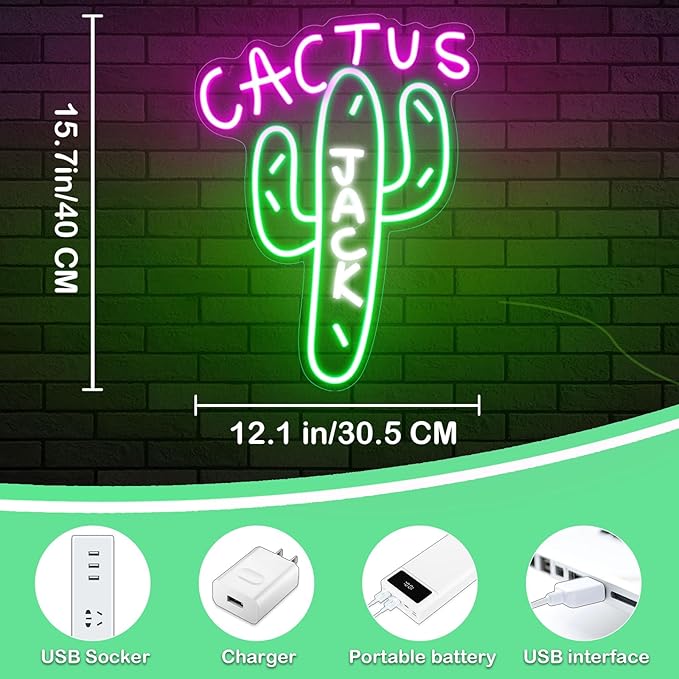Cactus Jack Neon Signs for Wall Decor Dimmable Pink Green Cactus LED Neon Light for Bedroom Christmas Decoration USB Powerd Plant Light Up Hanging Sign Home Party Birthday Gift 15.7"X11.8"
