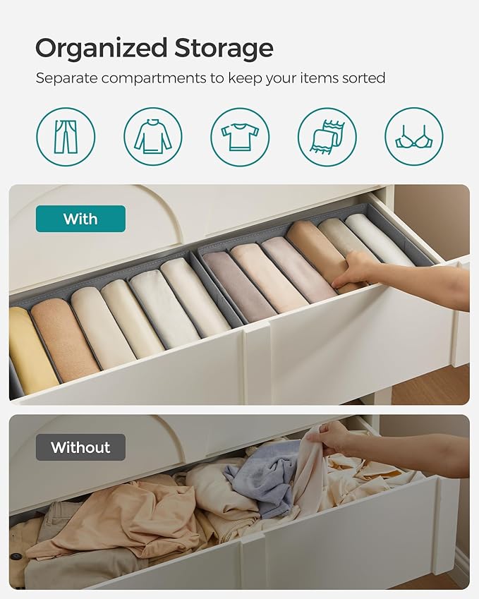 SONGMICS Set of 4 Large Size Wardrobe Clothes Organizers, 6-Compartment Foldable Drawer Organizers with Handles, 16.5 x 11.8 x 6.7 Inches, for Pants, Sweaters, Jeans, Dove Gray URUS009G04