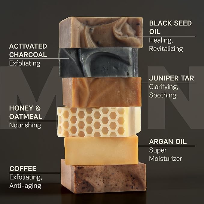 AUTHENTIC BATH & SOAP - Gift Set Bar Soap for Men - Natural, Organic, Moisturizing, handmade soap, Gentle Cleansing Castile mens soap, Oil Control, Cruelty Free, SLS Free. (Pack of 6) 4.2 Oz Each