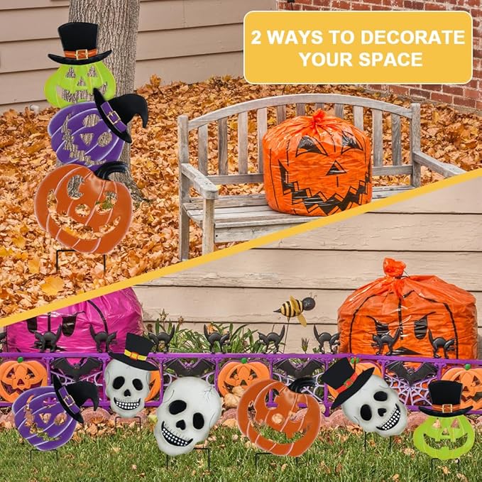 hogardeck Halloween Decorations Outdoor, 2PCS Stacked Skull Pumpkin Decorative Garden Stakes for Halloween Decor, Metal Yard Signs for Outside Garden Lawn Porch Party Decorations