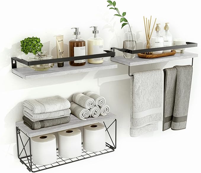 Bathroom Shelves with Wire Storage Basket, Farmhouse Wood Floating Shelves Over Toilet with Protective Metal Guardrail, Wall Shelves for Bedroom, Living Room, Kitchen and Bathroom Toilet Paper