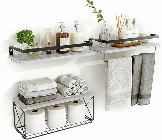Bathroom Shelves with Wire Storage Basket, Farmhouse Wood Floating Shelves Over Toilet with Protective Metal Guardrail, Wall Shelves for Bedroom, Living Room, Kitchen and Bathroom Toilet Paper