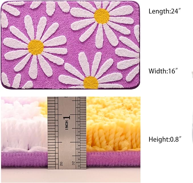 QJHOMO Purple Bathroom Rugs Cute Daisy Bath Mat White and Yellow Flower Decor Rug Non Slip Floor Carpet Microfiber Bathmat Super Absorbent Machine Washable Bathtub Mats for Shower (16x24 inch)