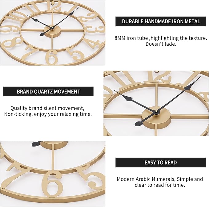 LEIKE 31 Inch Extra Large Wall Clock - Retro Decorative Oversized Farmhouse Arabic Numerals Silent Little Ticking Battery Operated Gold Metal Wall Clocks for Living Room,Office,Entrance Decor