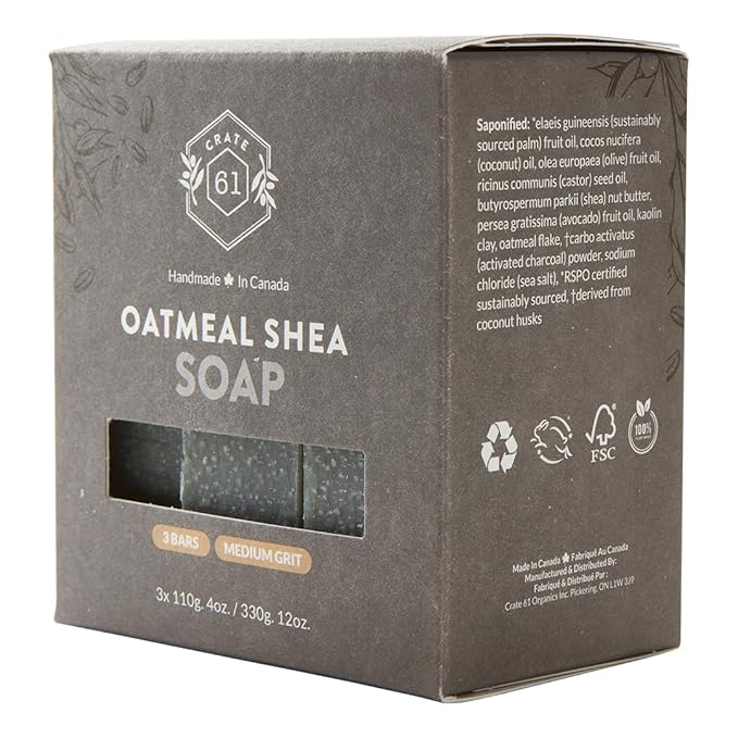 Handmade in Canada, Plant Based Cold Process Natural Bar Soap For Face & Body, w/Premium Essential Oils, For Men & Women 3 Pack (Oatmeal Shea (Unscented))