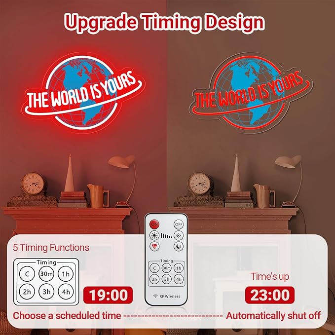 The World is Yours Neon Sign, Remote Dimmer Planet LED Neon Light Lamp for Wall Decor, USB Power for Man Cave Home Bar Bistro Club Cafe Wedding Game Room Bedroom Birthday Gift Graduation Party (Red)