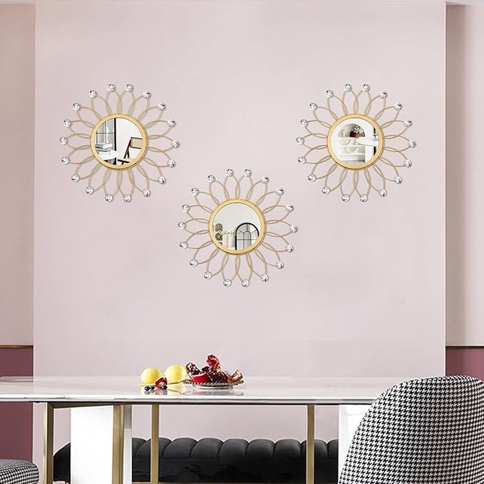 3 Pack Metal Mirrors for Wall Sunburst Wall Mirrors Home Décor Decorative Hanging Wall Art for Living Room Bedroom Entryway (Gold Crystal, Flowers)