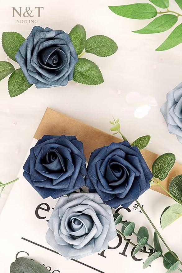 N&T NIETING Dusty Blue Fake Roses,50pcs Artificial Flowers Faux Flowers Fake Flowers for DIY Wedding Bouquets Centerpieces Floral Arrangements Home Decorations Shades of Navy Blue