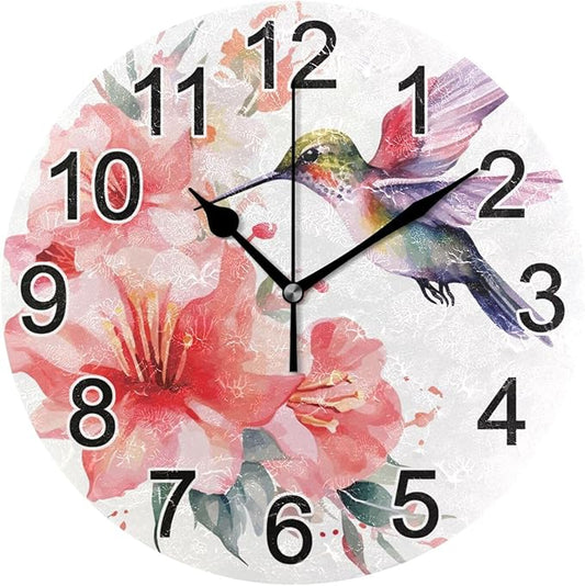 Hummingbird Spring Floral Wall Clock Non Ticking Silent Kitchen Clock Large Battery Operated Clocks 10 inch for Living Room Bedroom Decor