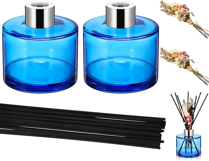Rtteri 2 Reed Diffuser Sets Flower Oil Diffuser Sticks with Refill Empty 5oz Bottles Scent Glass for Fragrance Home Bathroom Gifts, Oil Not Included(Blue Color)