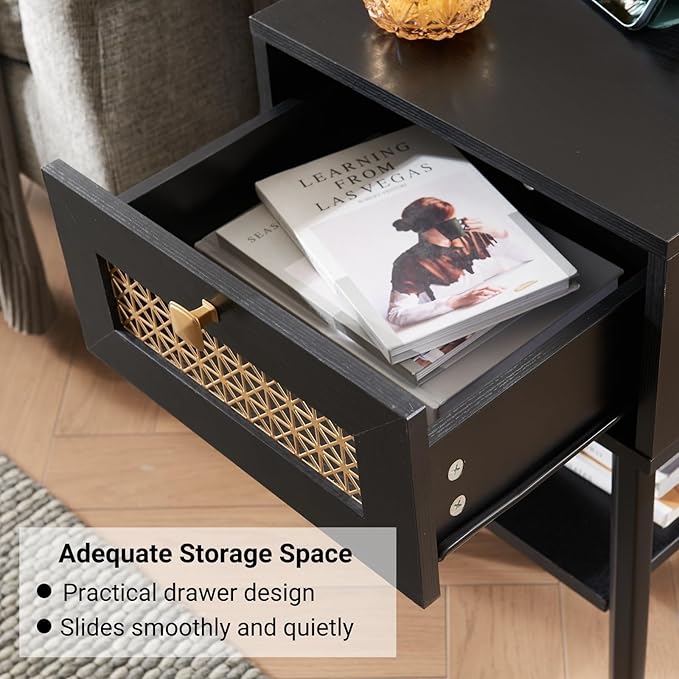 Mid Century Modern End Table with Charging Station - Small Side Table Nightstand with USB Ports & Outlets, Storage Drawer & Open Shelf, Black Wood Furniture for Living Room, Bedroom, Office