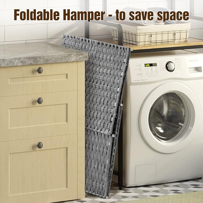 Greenstell Laundry Hamper with 2 Removable Liner Bags - 90L Divided Clothes Hamper, Handwoven Synthetic Rattan Foldable Laundry Basket with Lid and Handles Gray (18.3x13.3x24.0Inches)