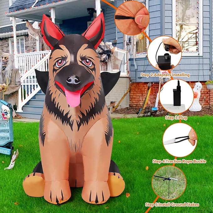 COMIN 4 FT Inflatables German Shepherd Dog with Bat Wing Outdoor Blow Up Decorations with Built-in LEDs for Thanksgiving Christmas Halloween Yard Indoor Party Garden Lawn
